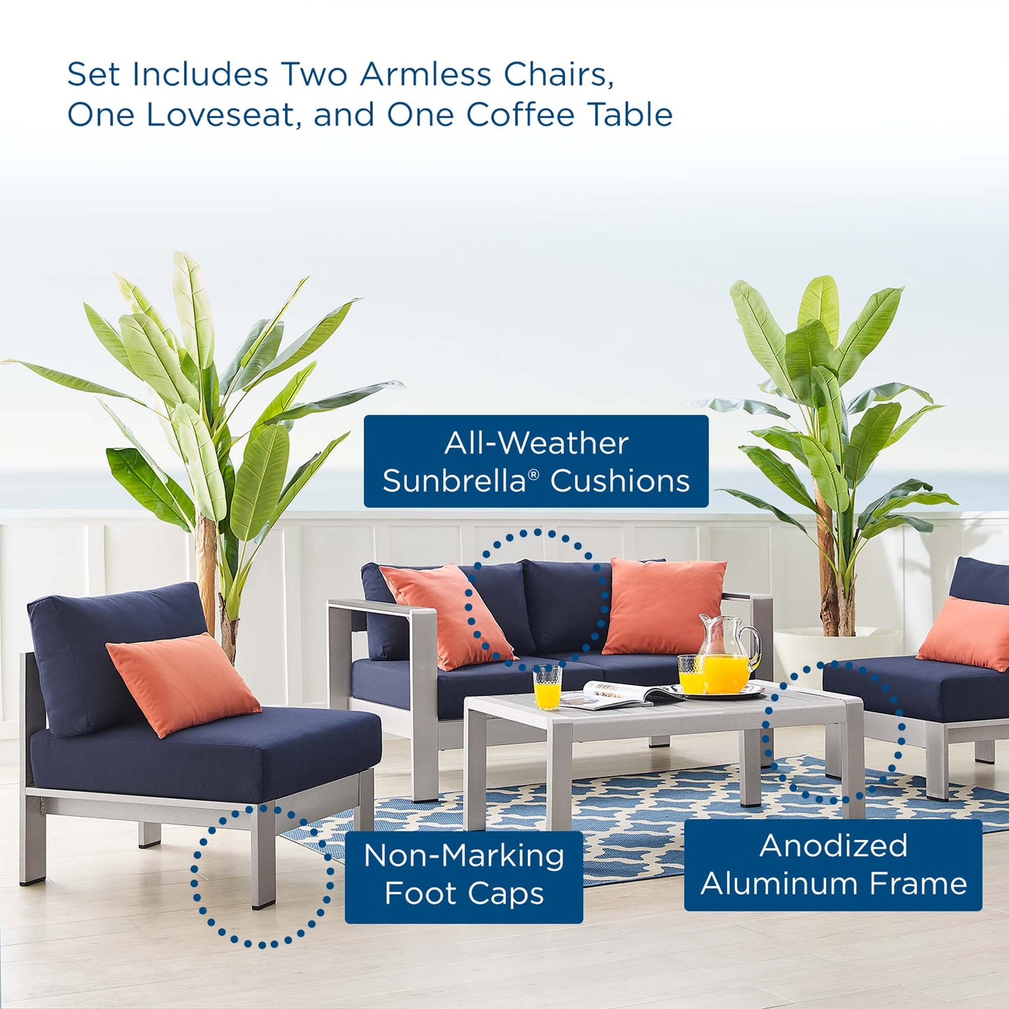 Shore 4 Piece Sunbrella Fabric Outdoor Patio Aluminum Set in Silver Navy by Modway (4315)