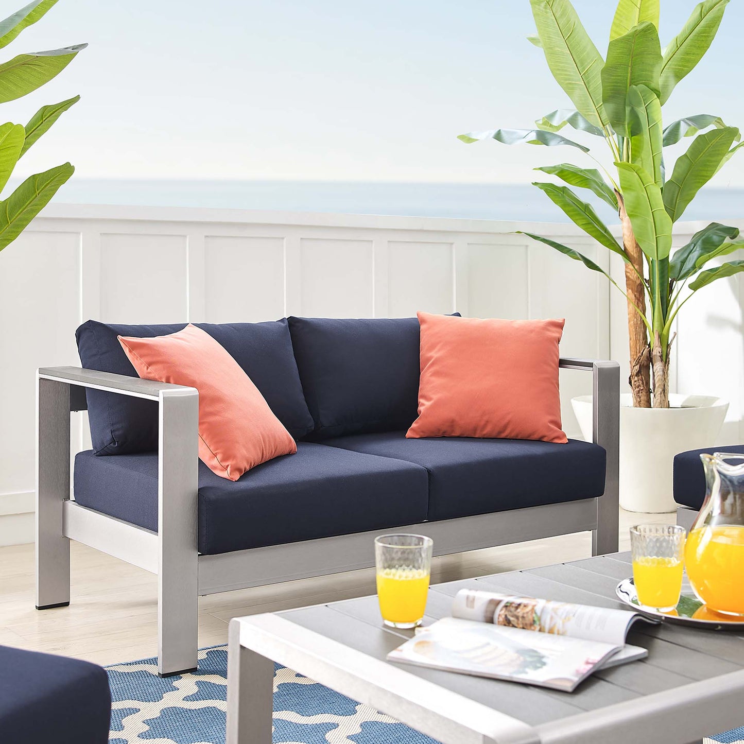 Shore 4 Piece Sunbrella Fabric Outdoor Patio Aluminum Set in Silver Navy by Modway (4315)