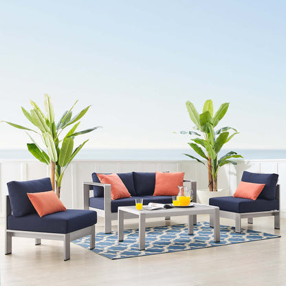 Shore 4 Piece Sunbrella Fabric Outdoor Patio Aluminum Set in Silver Navy by Modway (4315)