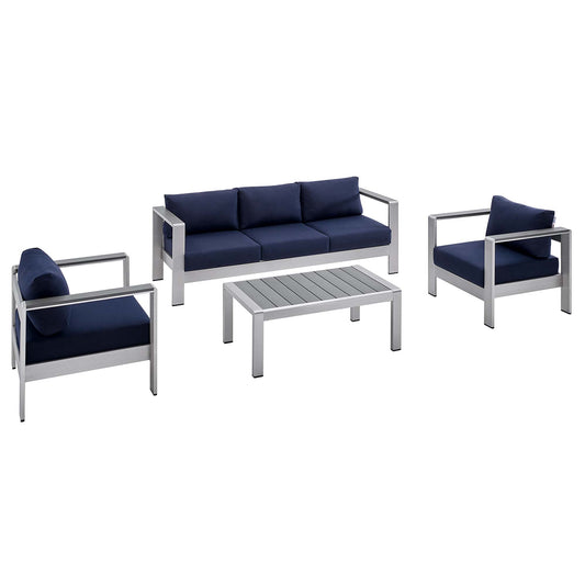 Shore Aluminum 4-Piece Patio Conversation Set - Silver Navy by Modway