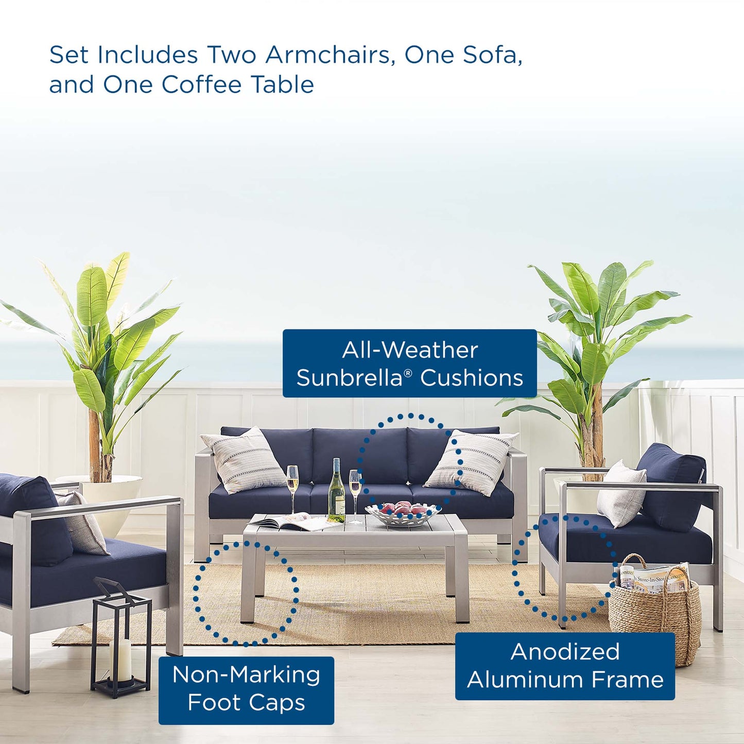 Shore Aluminum 4-Piece Patio Conversation Set - Silver Navy by Modway
