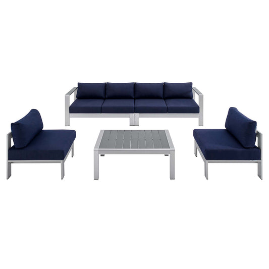 Shore Aluminum 5-Piece Sectional Sofa Set - Silver Navy by Modway