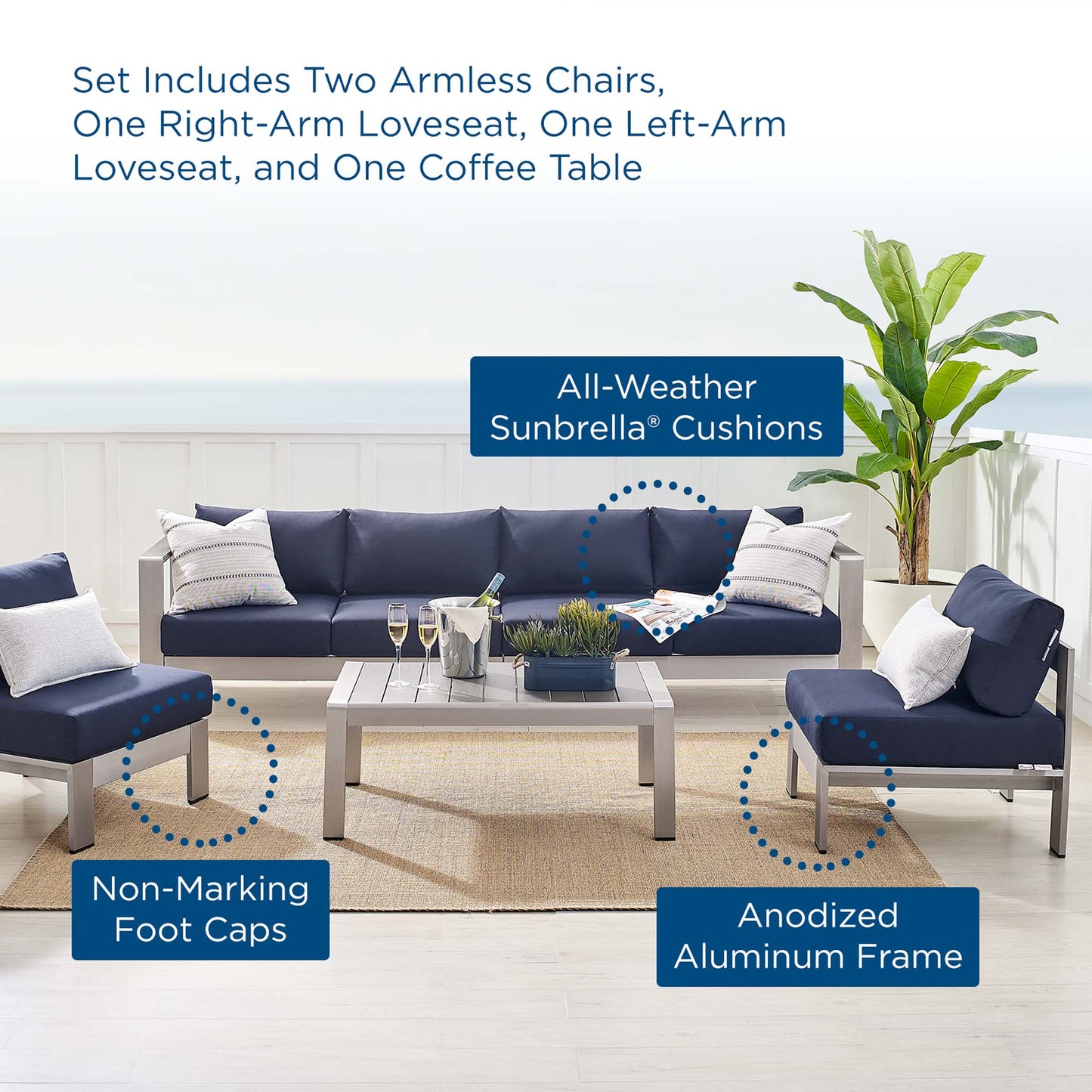 Shore Aluminum 5-Piece Sectional Sofa Set - Silver Navy by Modway