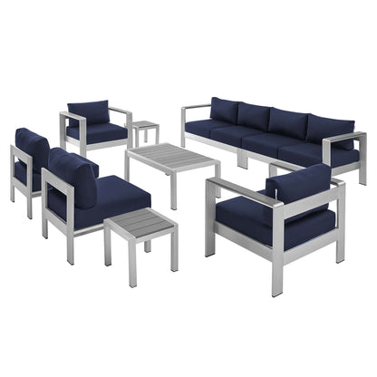 Shore Aluminum 9-Piece Sectional Sofa Set - Silver Navy by Modway