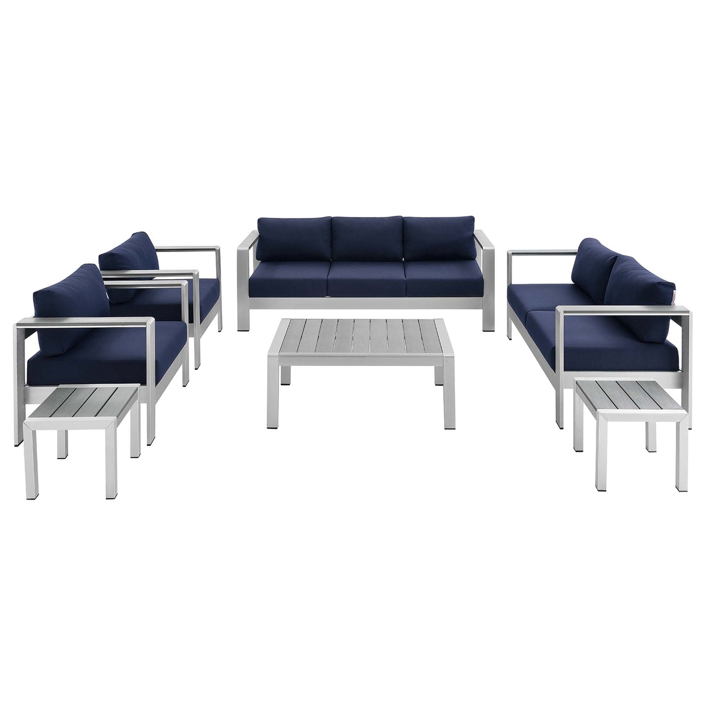 Shore 7 Piece Sunbrella Fabric Outdoor Patio Aluminum Set in Silver Navy by Modway (4322)