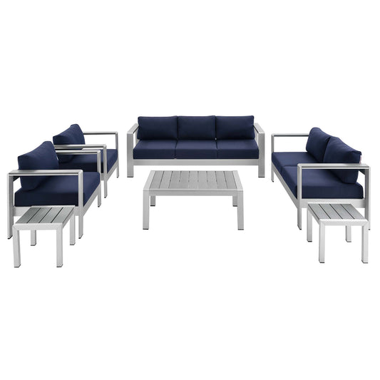 Shore 7 Piece Sunbrella Fabric Outdoor Patio Aluminum Set in Silver Navy by Modway (4322)