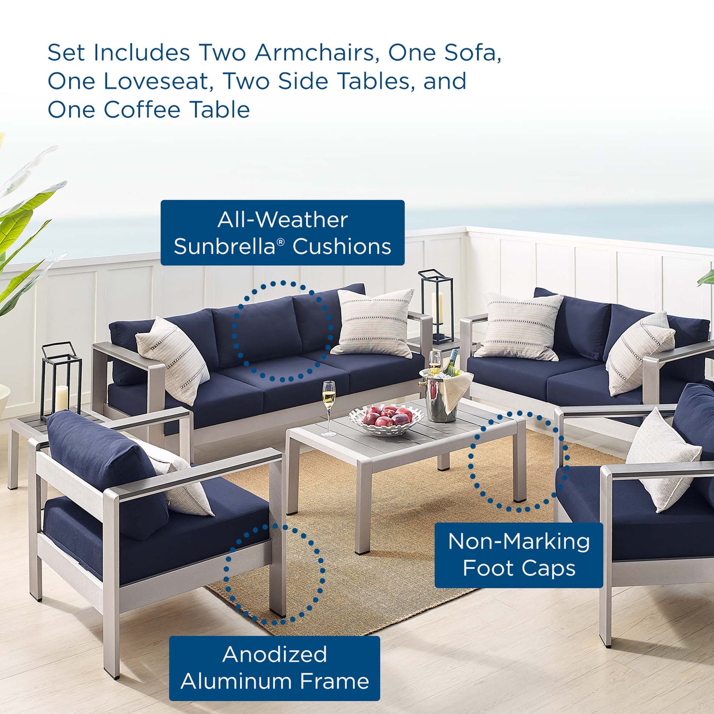 Shore 7 Piece Sunbrella Fabric Outdoor Patio Aluminum Set in Silver Navy by Modway (4322)