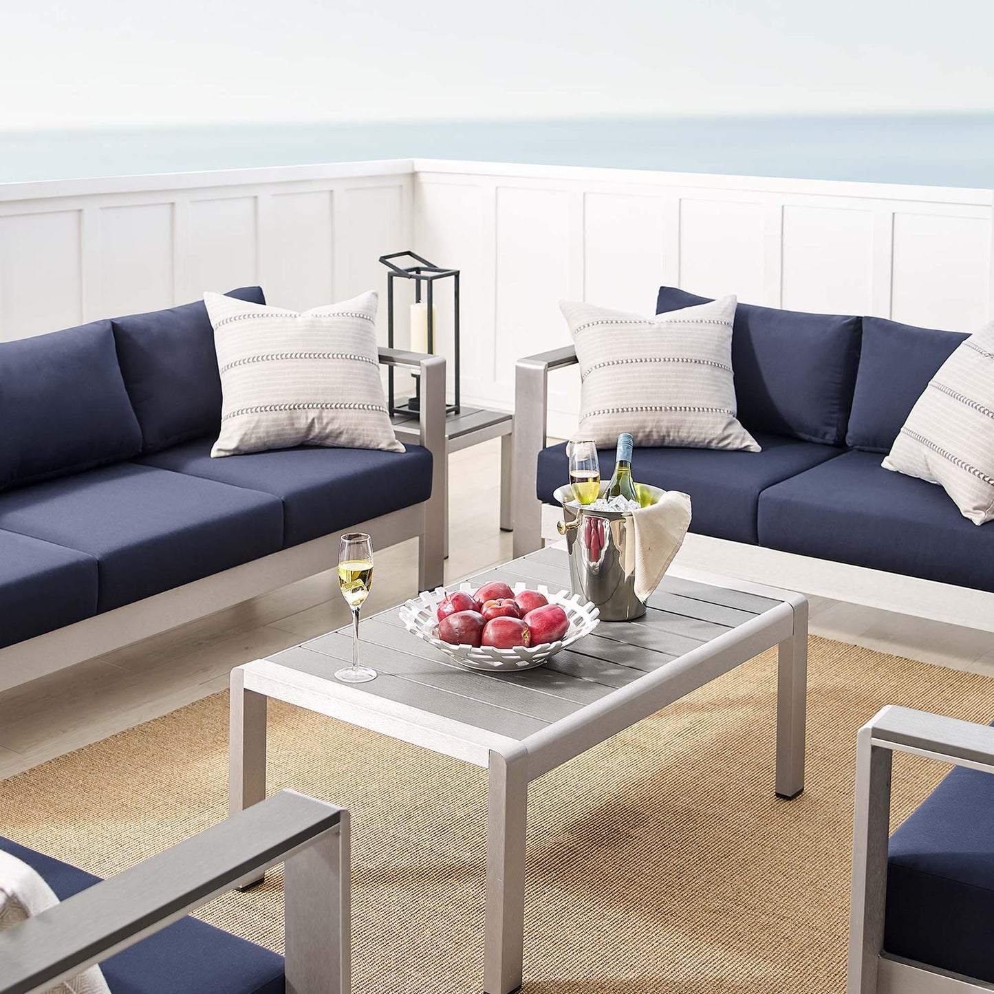 Shore 7 Piece Sunbrella Fabric Outdoor Patio Aluminum Set in Silver Navy by Modway (4322)