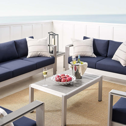 Shore 7 Piece Sunbrella Fabric Outdoor Patio Aluminum Set in Silver Navy by Modway (4322)