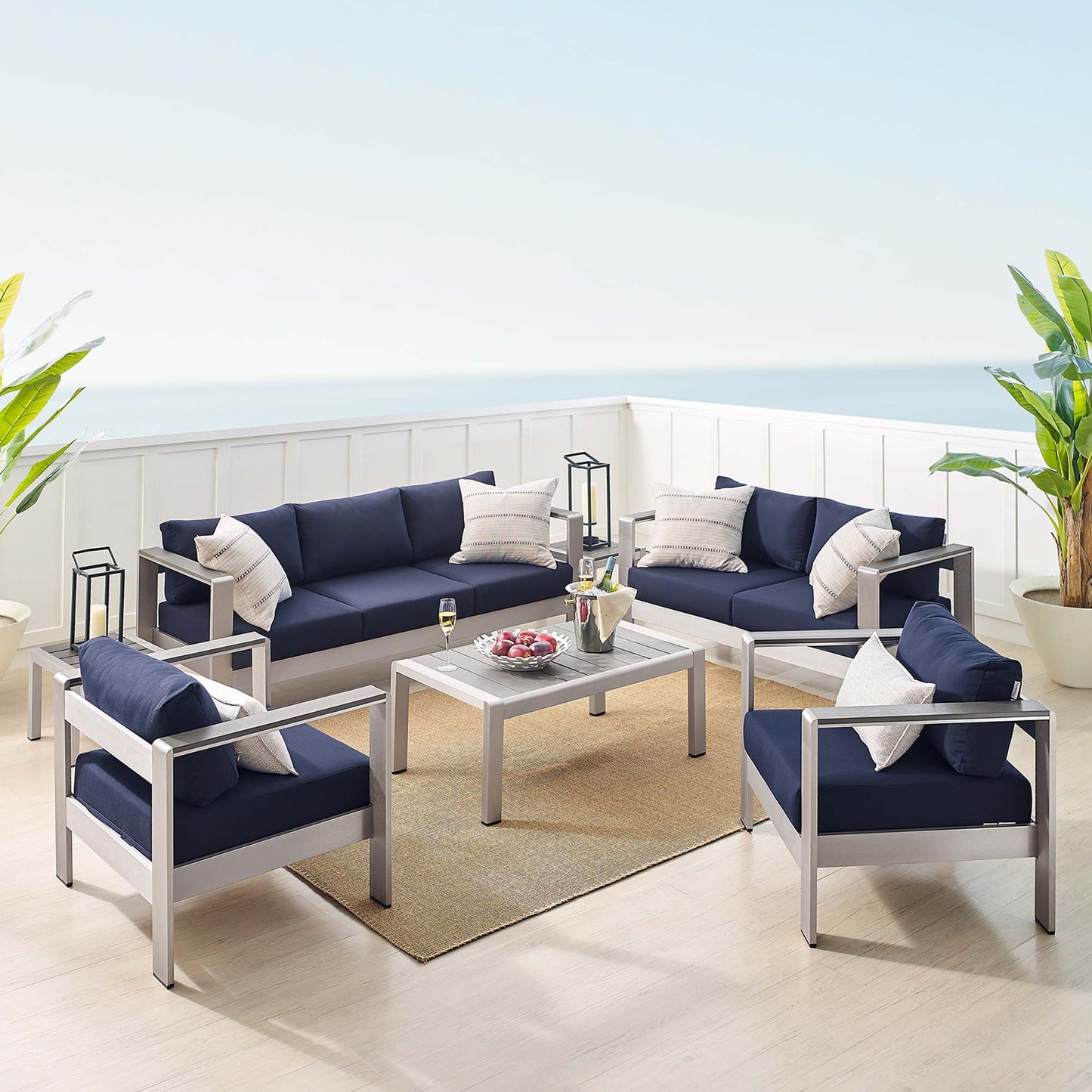 Shore 7 Piece Sunbrella Fabric Outdoor Patio Aluminum Set in Silver Navy by Modway (4322)