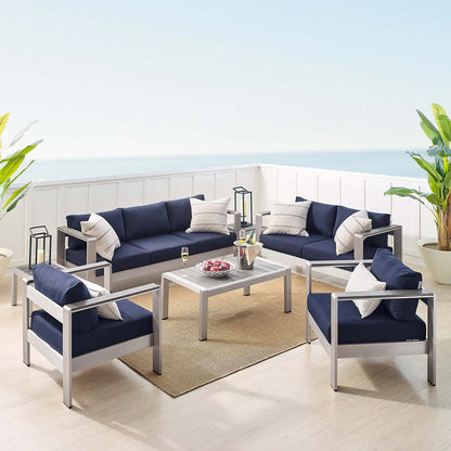 Shore 7 Piece Sunbrella Fabric Outdoor Patio Aluminum Set in Silver Navy by Modway (4322)