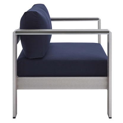 Shore 7 Piece Sunbrella Fabric Outdoor Patio Aluminum Set in Silver Navy by Modway (4322)