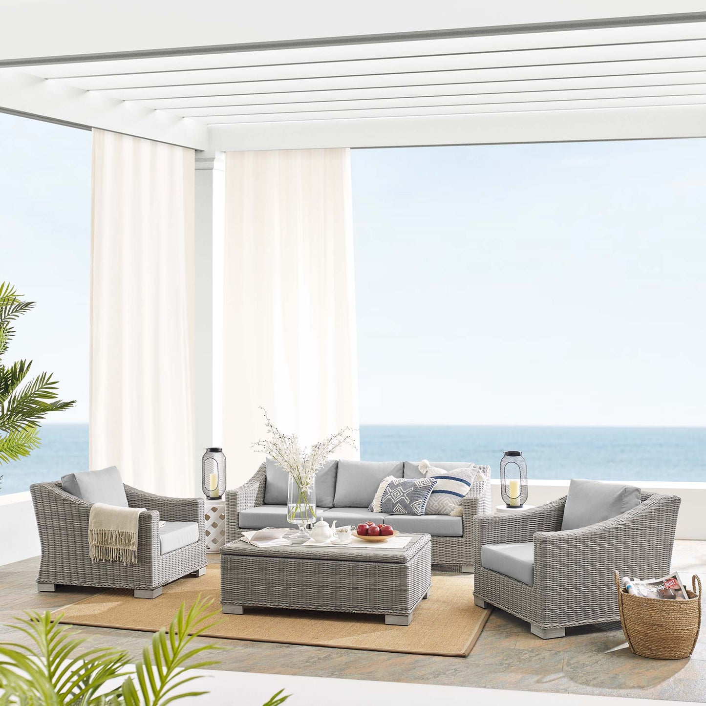 Conway 4-Piece Sunbrella Outdoor Patio Wicker Rattan Furniture Set in Light Gray Gray by Modway (4359)