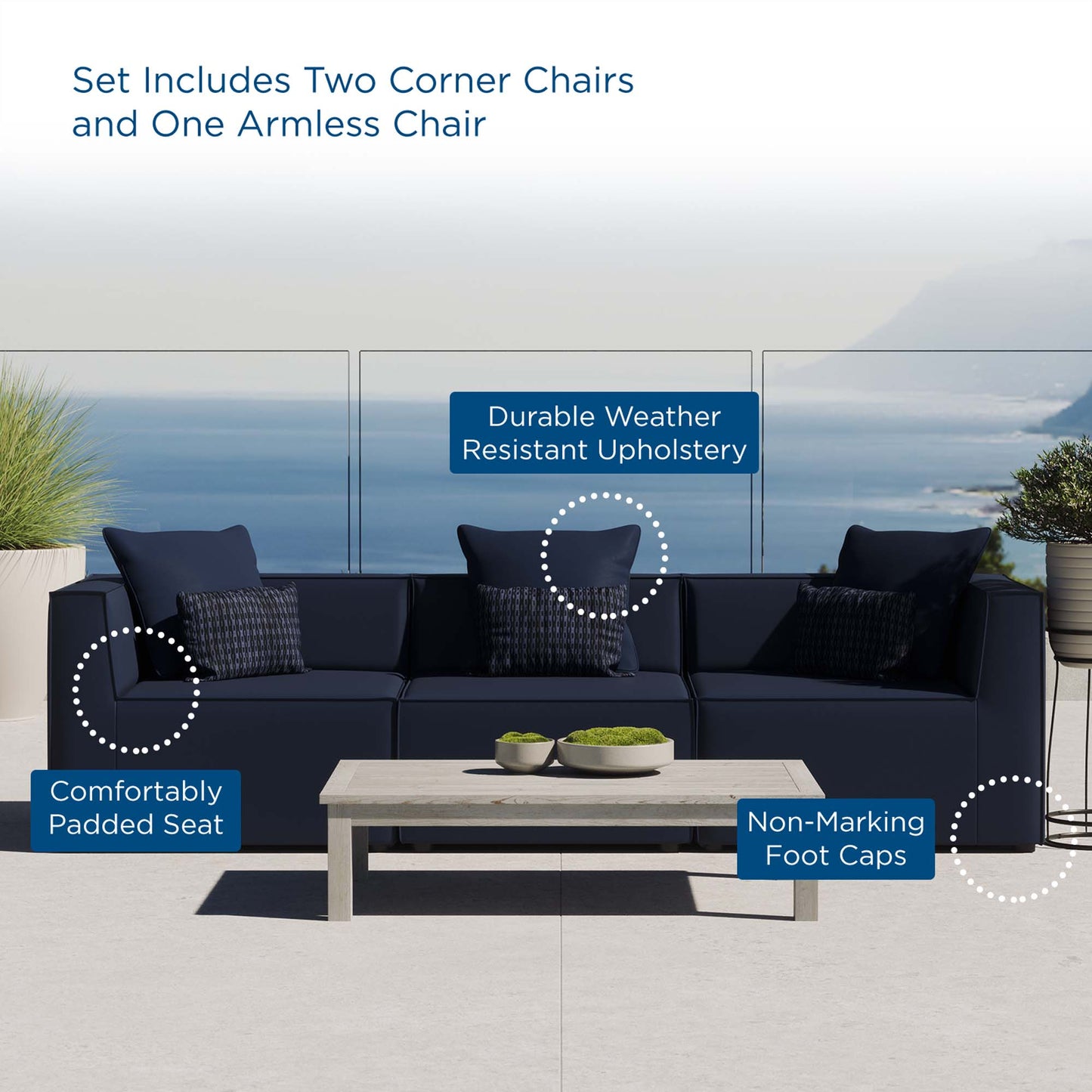 Saybrook 3-Piece Outdoor Patio Upholstered Sectional Sofa in Navy by Modway (4379)