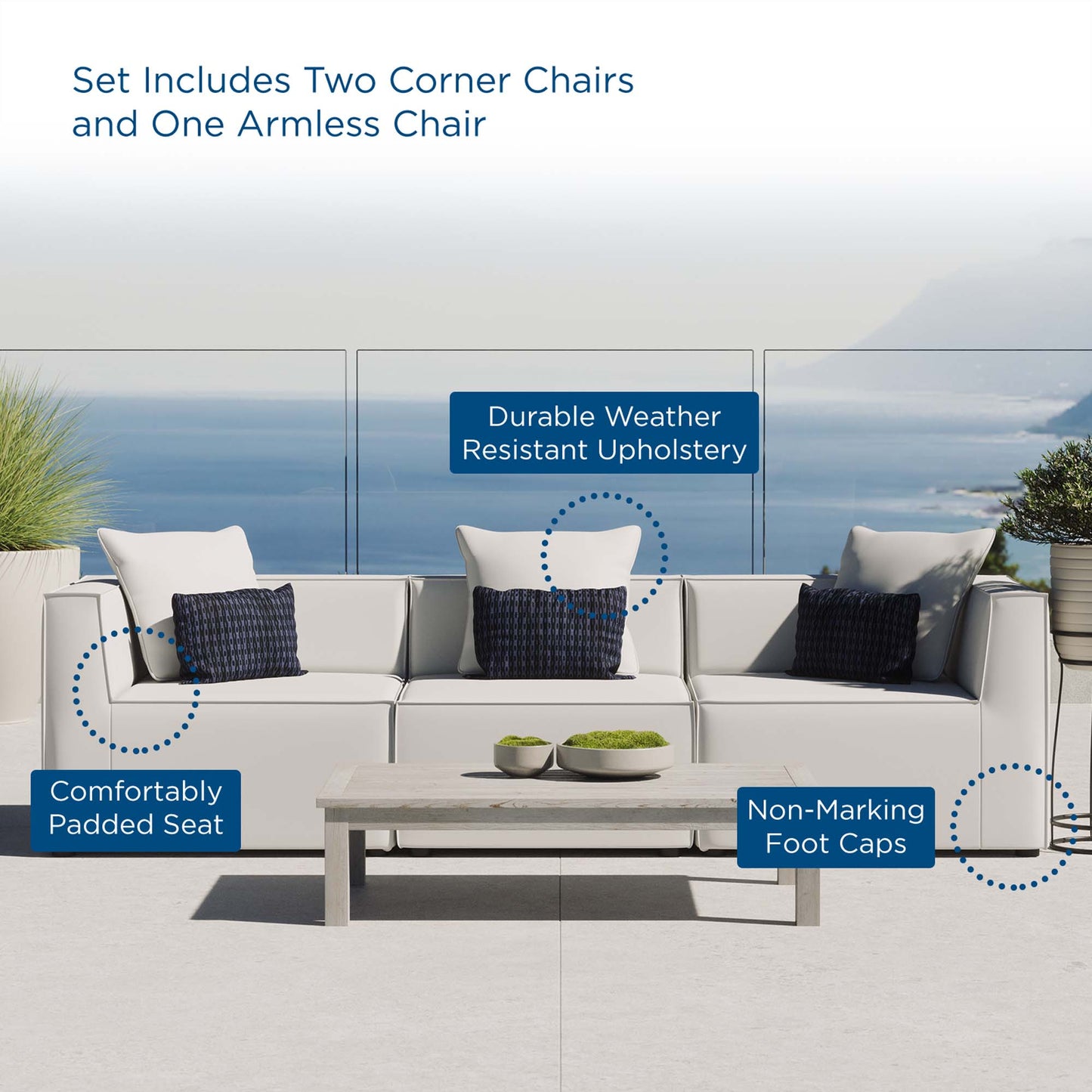 Saybrook 3-Piece Outdoor Patio Upholstered Sectional Sofa in White by Modway (4379)