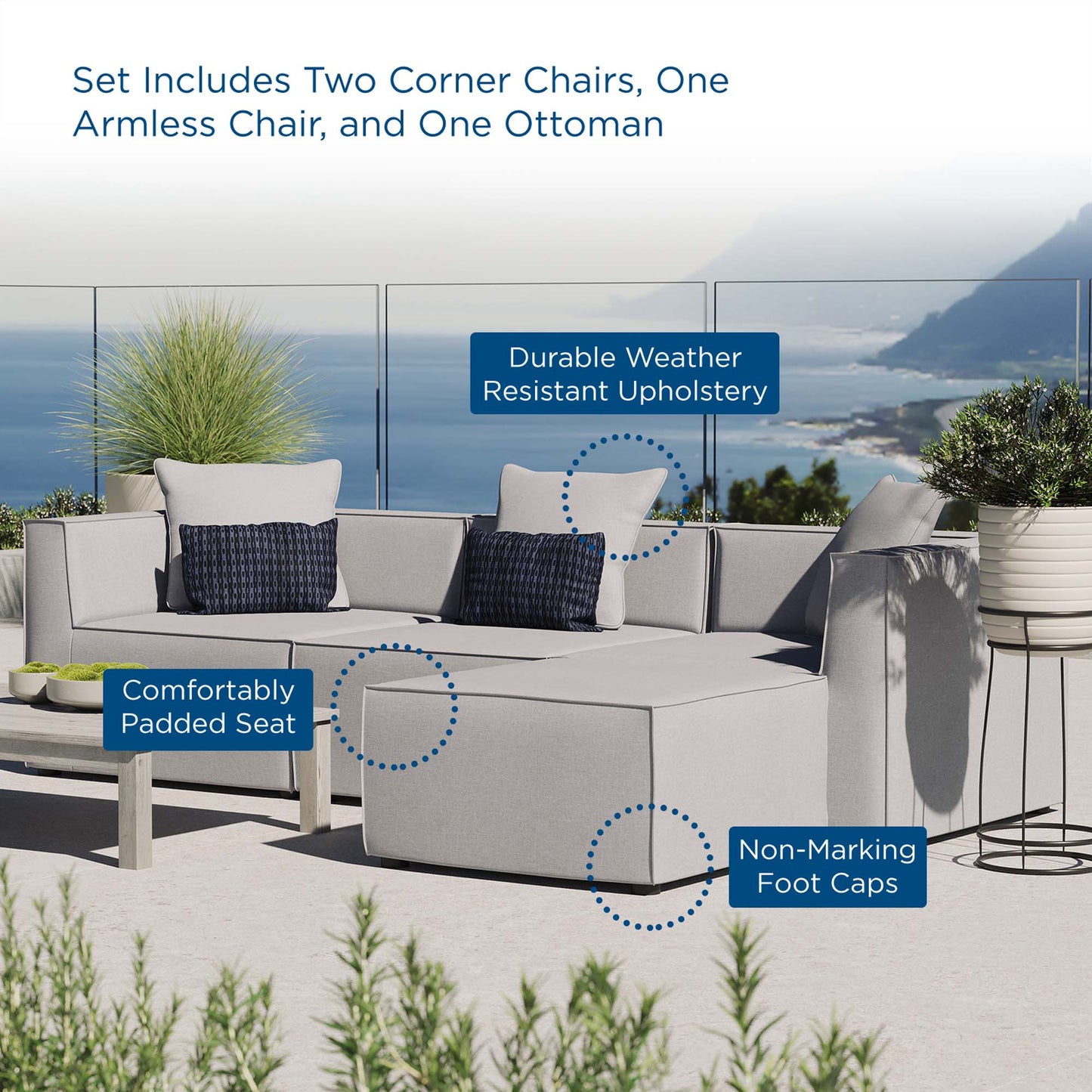 Saybrook 4-Piece Outdoor Patio Upholstered Sectional Sofa in Gray by Modway (4380)
