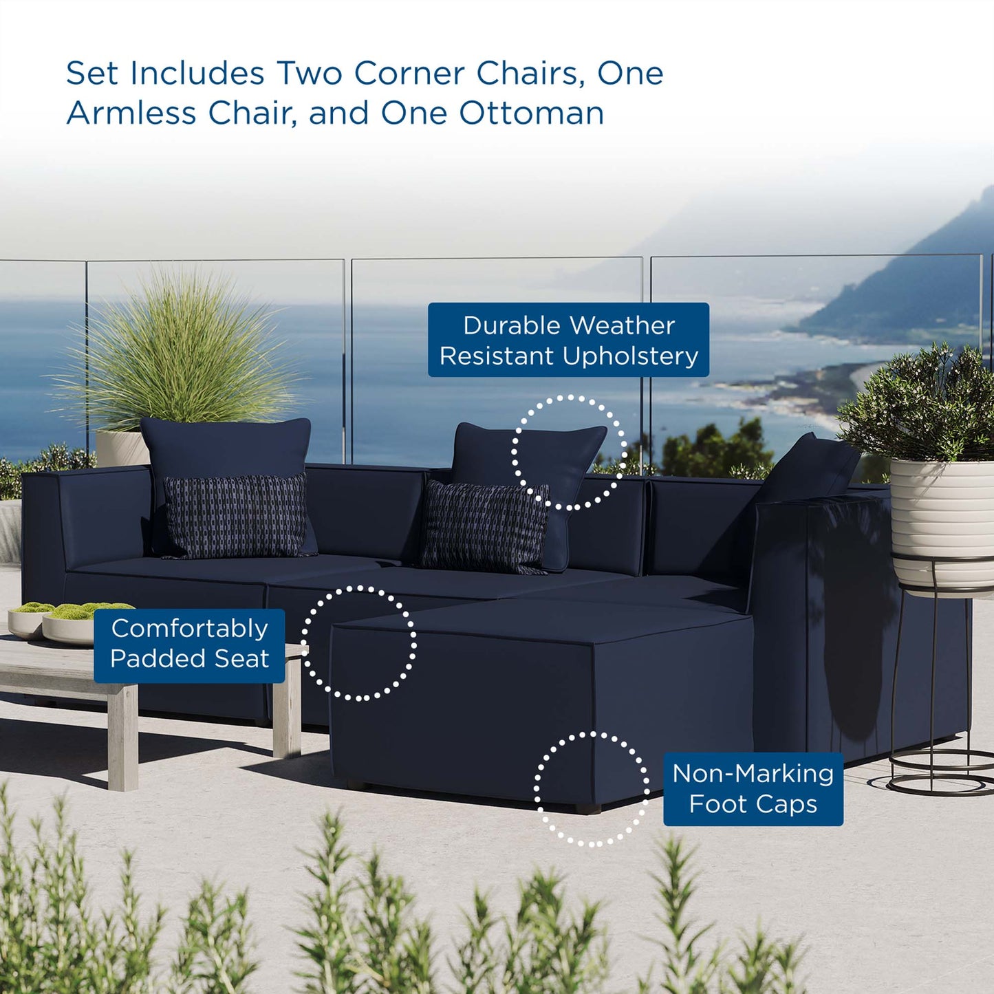 Saybrook 4-Piece Outdoor Patio Upholstered Sectional Sofa in Navy by Modway (4380)
