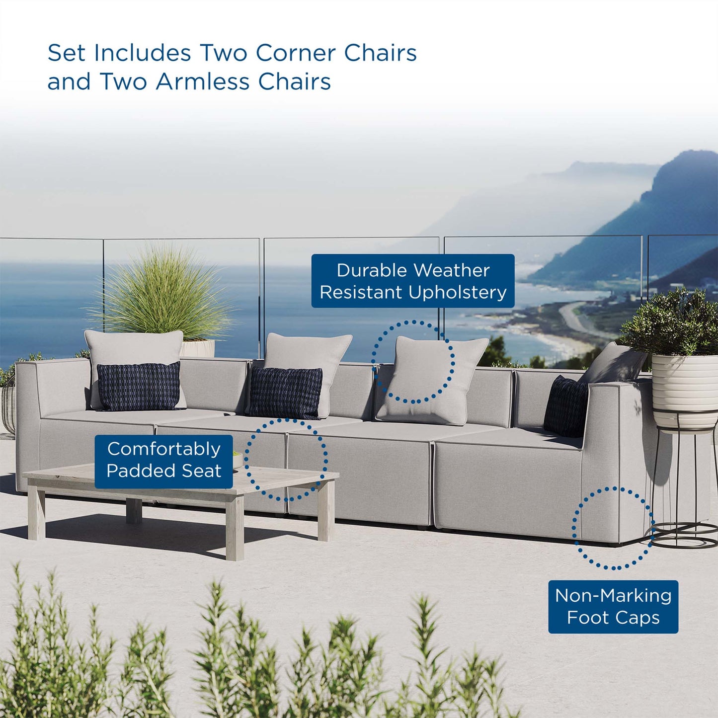 Saybrook 4-Piece Outdoor Patio Upholstered Sectional Sofa in Gray by Modway (4381)
