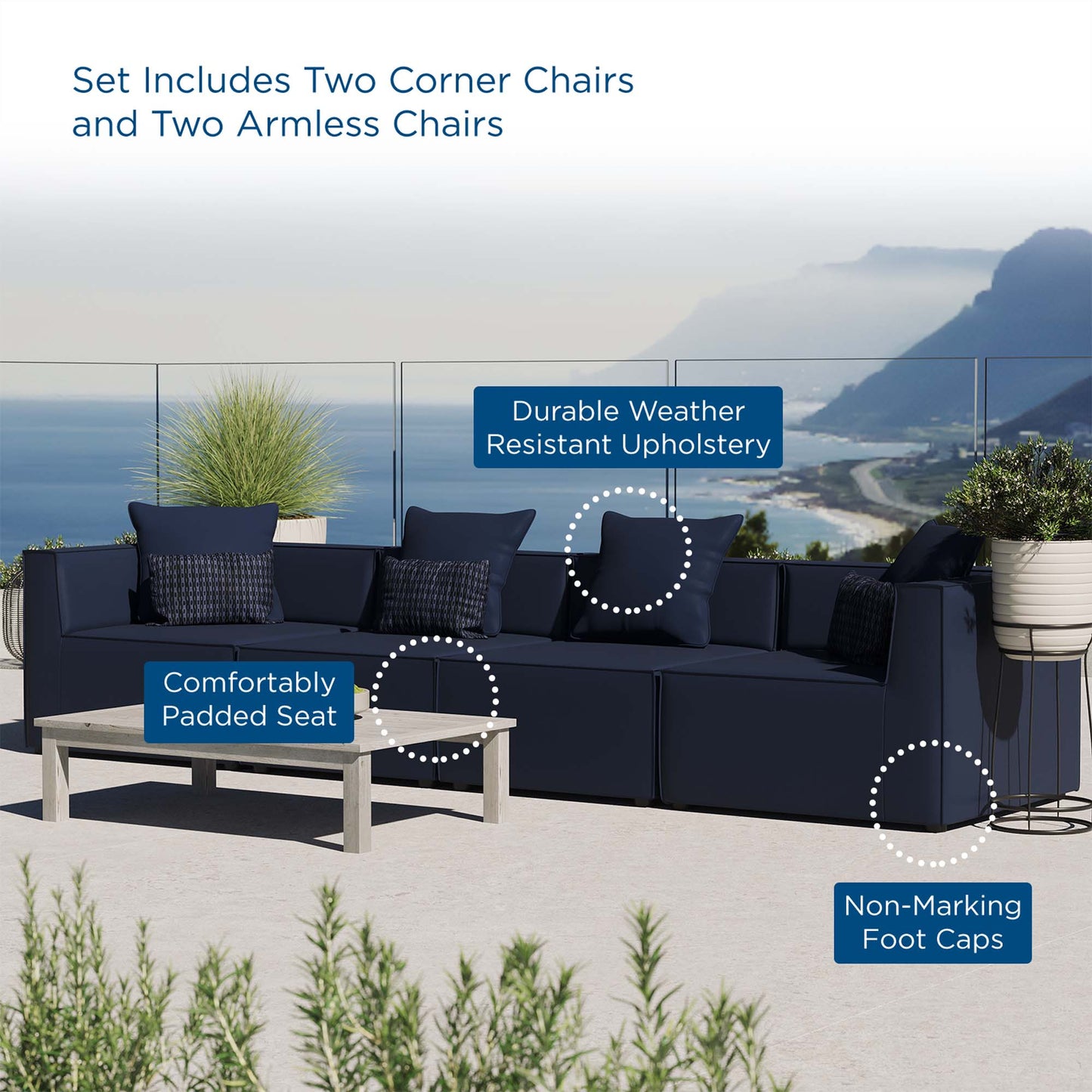 Saybrook 4-Piece Outdoor Patio Upholstered Sectional Sofa in Navy by Modway (4381)