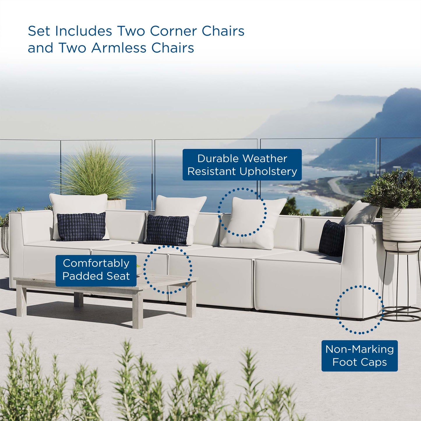 Saybrook 4-Piece Outdoor Patio Upholstered Sectional Sofa in White by Modway (4381)