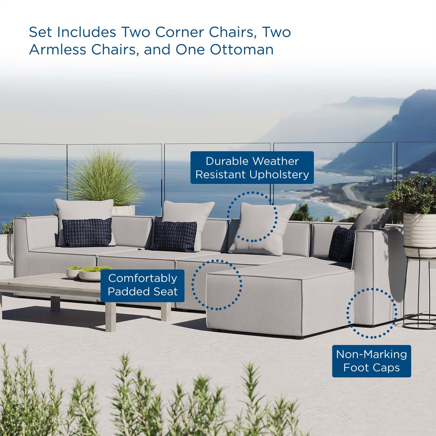 Saybrook 5-Piece Outdoor Patio Upholstered Sectional Sofa in Gray by Modway (4382)