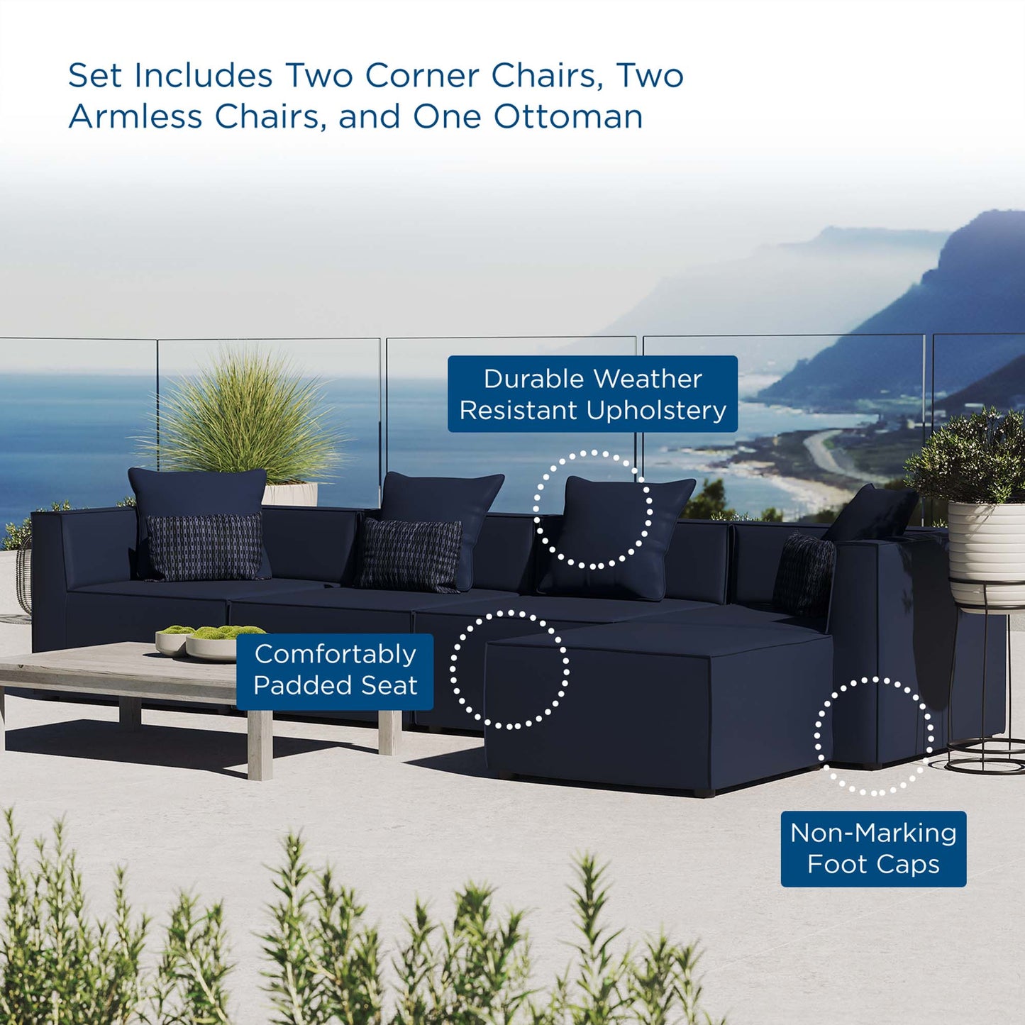 Saybrook 5-Piece Outdoor Patio Upholstered Sectional Sofa in Navy by Modway (4382)
