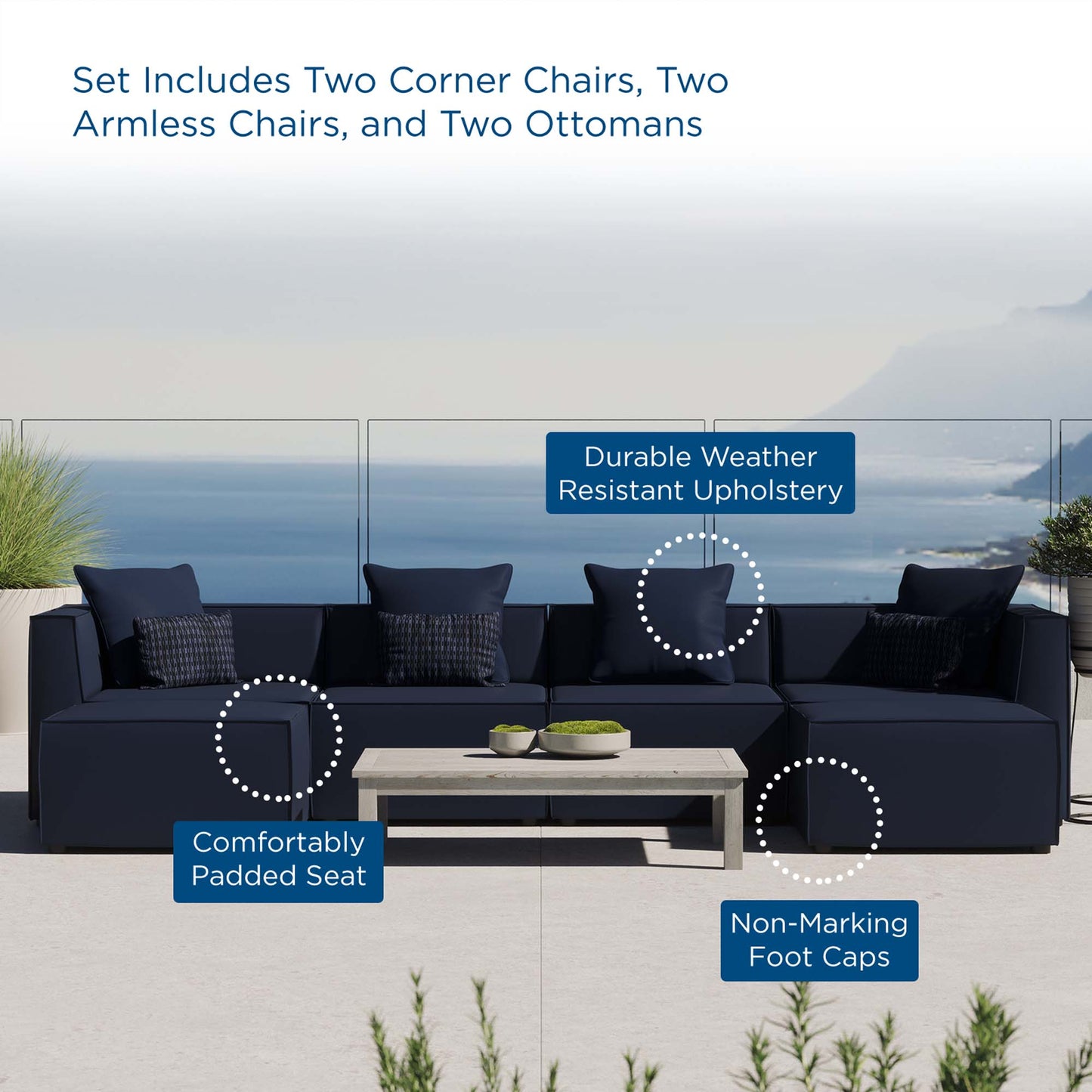 Saybrook 6-Piece Outdoor Patio Upholstered Sectional Sofa in Navy by Modway (4383)