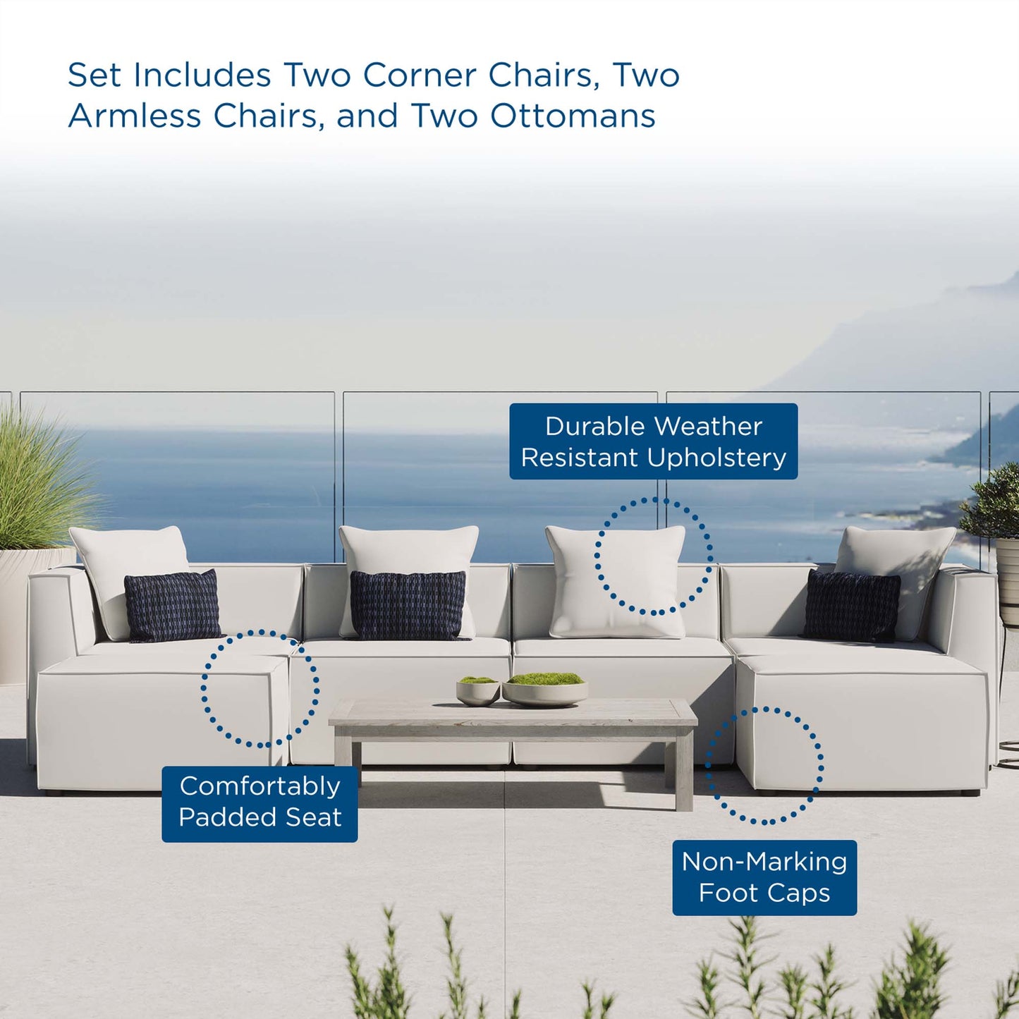 Saybrook 6-Piece Outdoor Patio Upholstered Sectional Sofa in White by Modway (4383)
