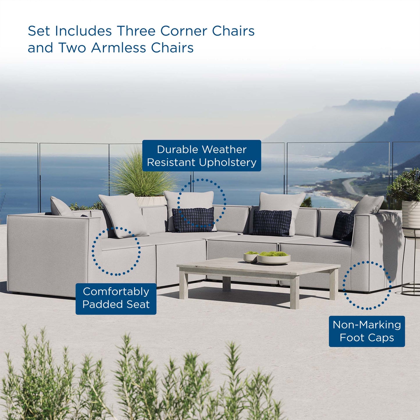 Saybrook 5-Piece Outdoor Patio Upholstered Sectional Sofa in Gray by Modway (4384)