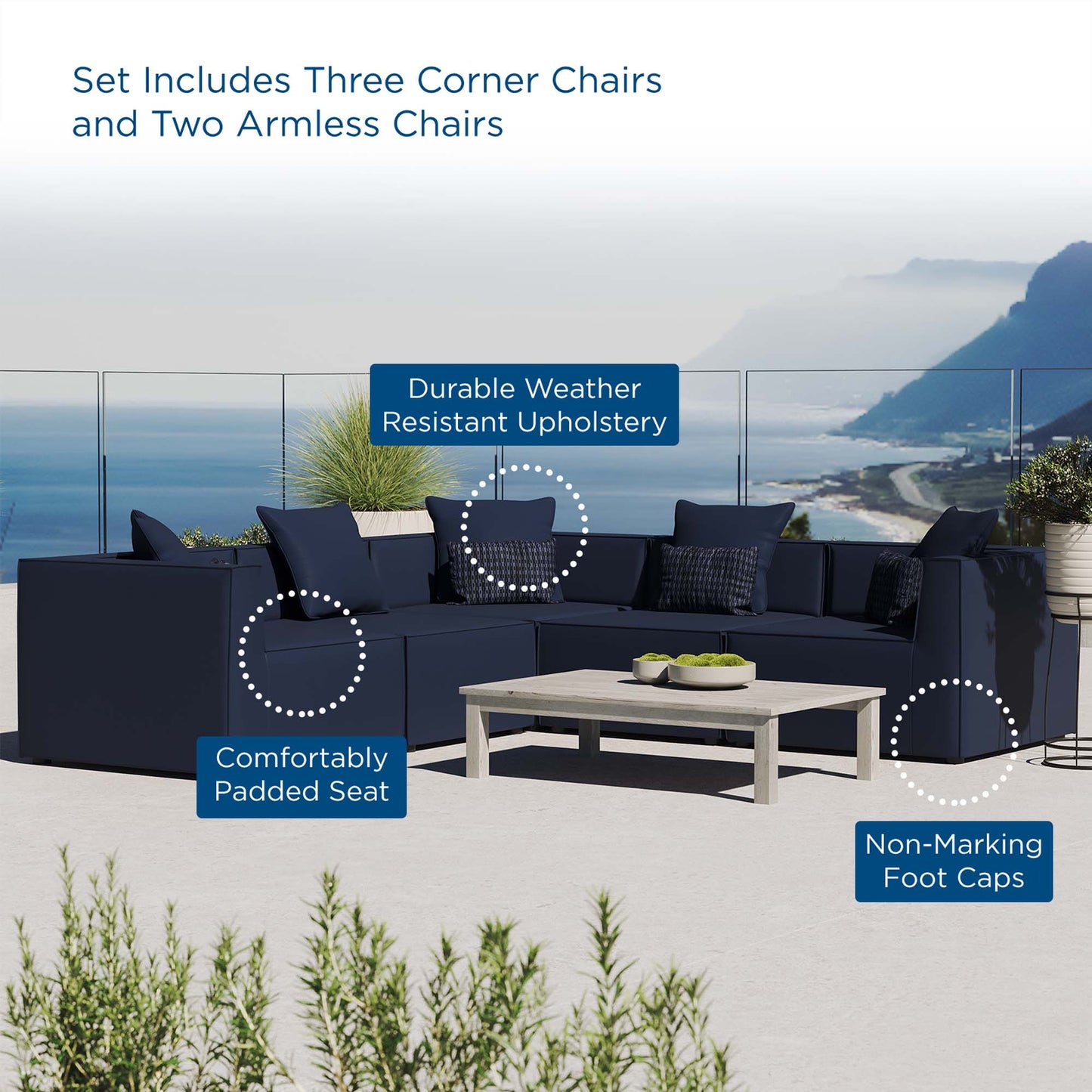 Saybrook 5-Piece Outdoor Patio Upholstered Sectional Sofa in Navy by Modway (4384)
