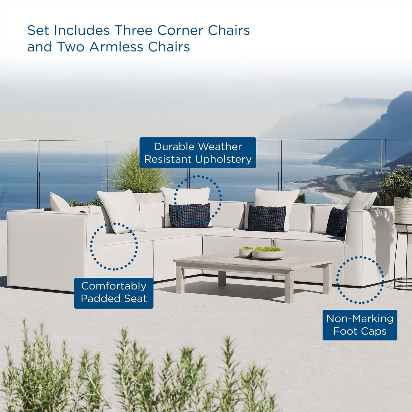 Saybrook 5-Piece Outdoor Patio Upholstered Sectional Sofa in White by Modway (4384)