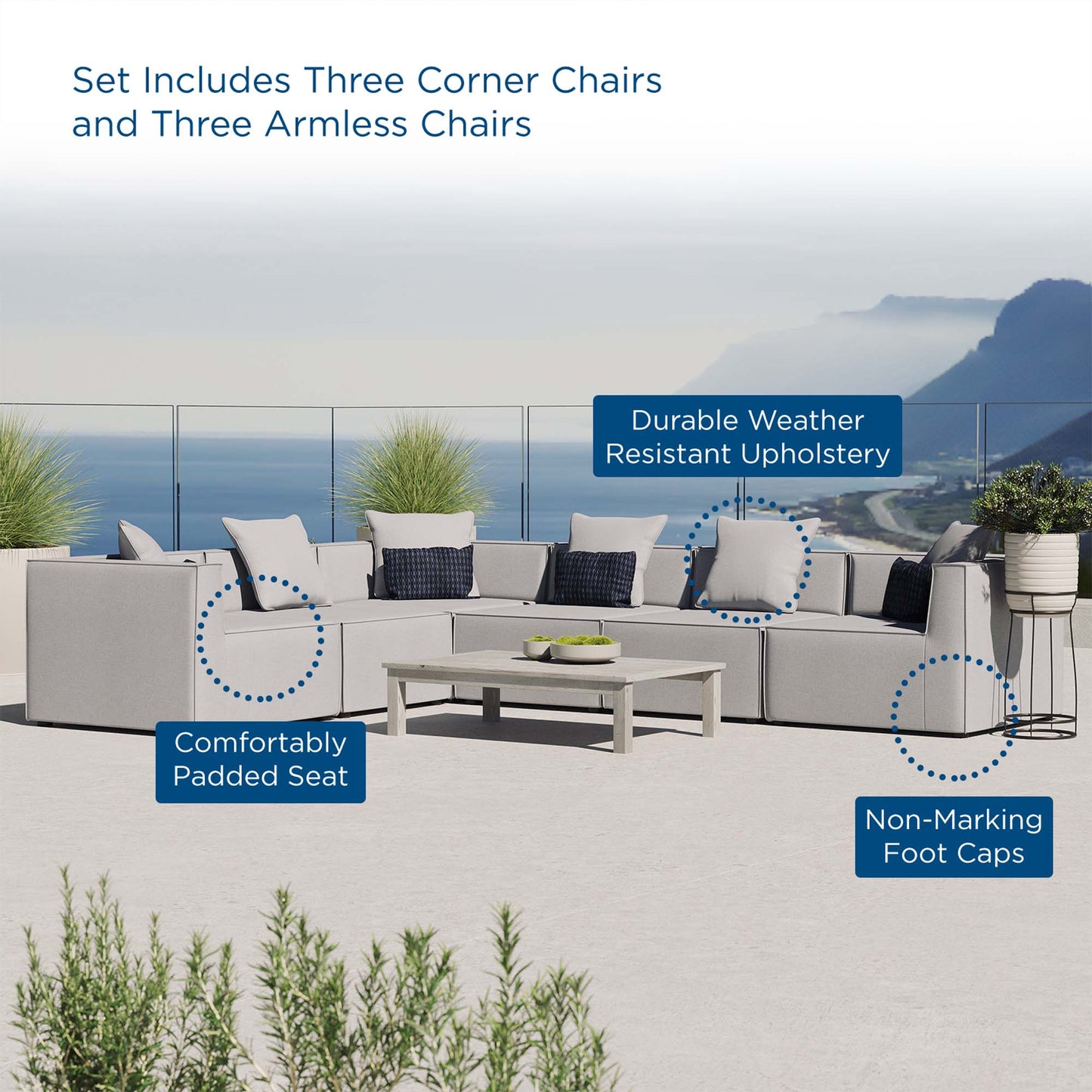 Saybrook 6-Piece Outdoor Patio Upholstered Sectional Sofa in Gray by Modway (4385)