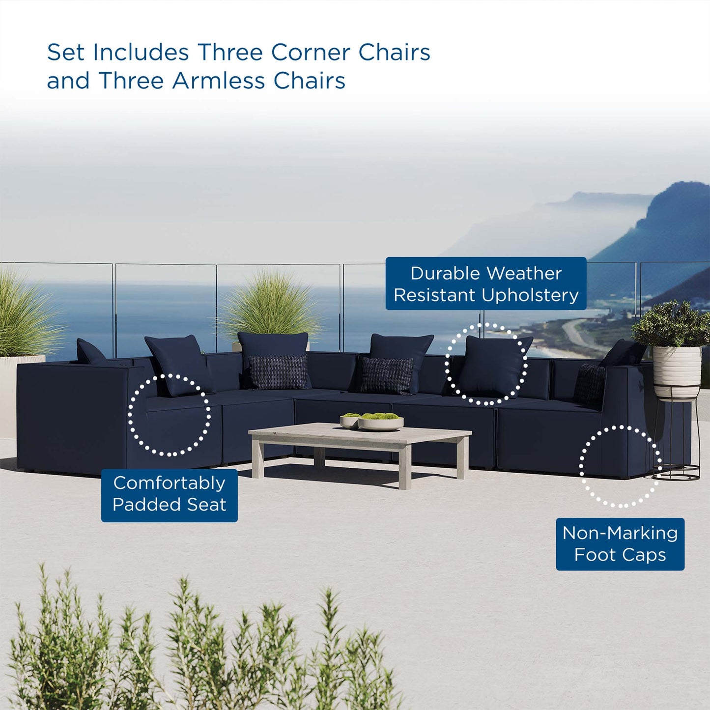 Saybrook 6-Piece Outdoor Patio Upholstered Sectional Sofa in Navy by Modway (4385)