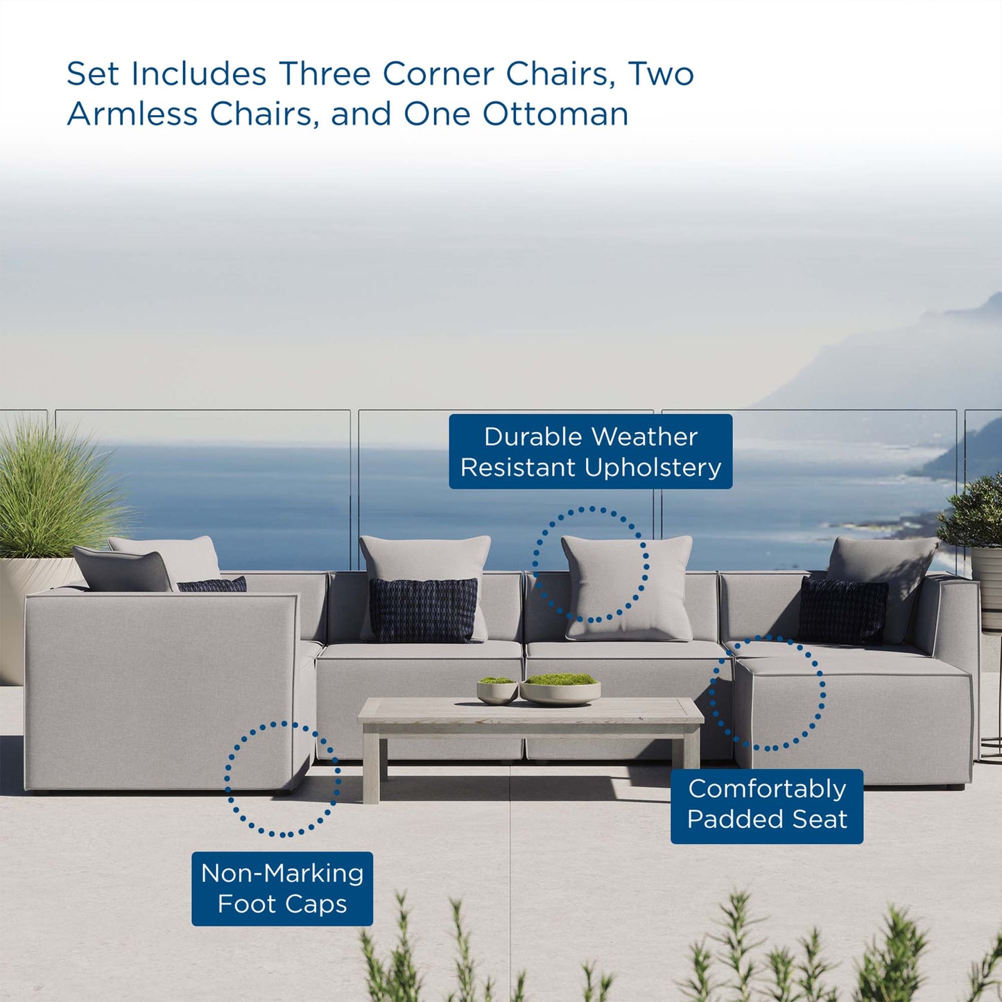 Saybrook 6-Piece Outdoor Patio Upholstered Sectional Sofa in Gray by Modway (4386)