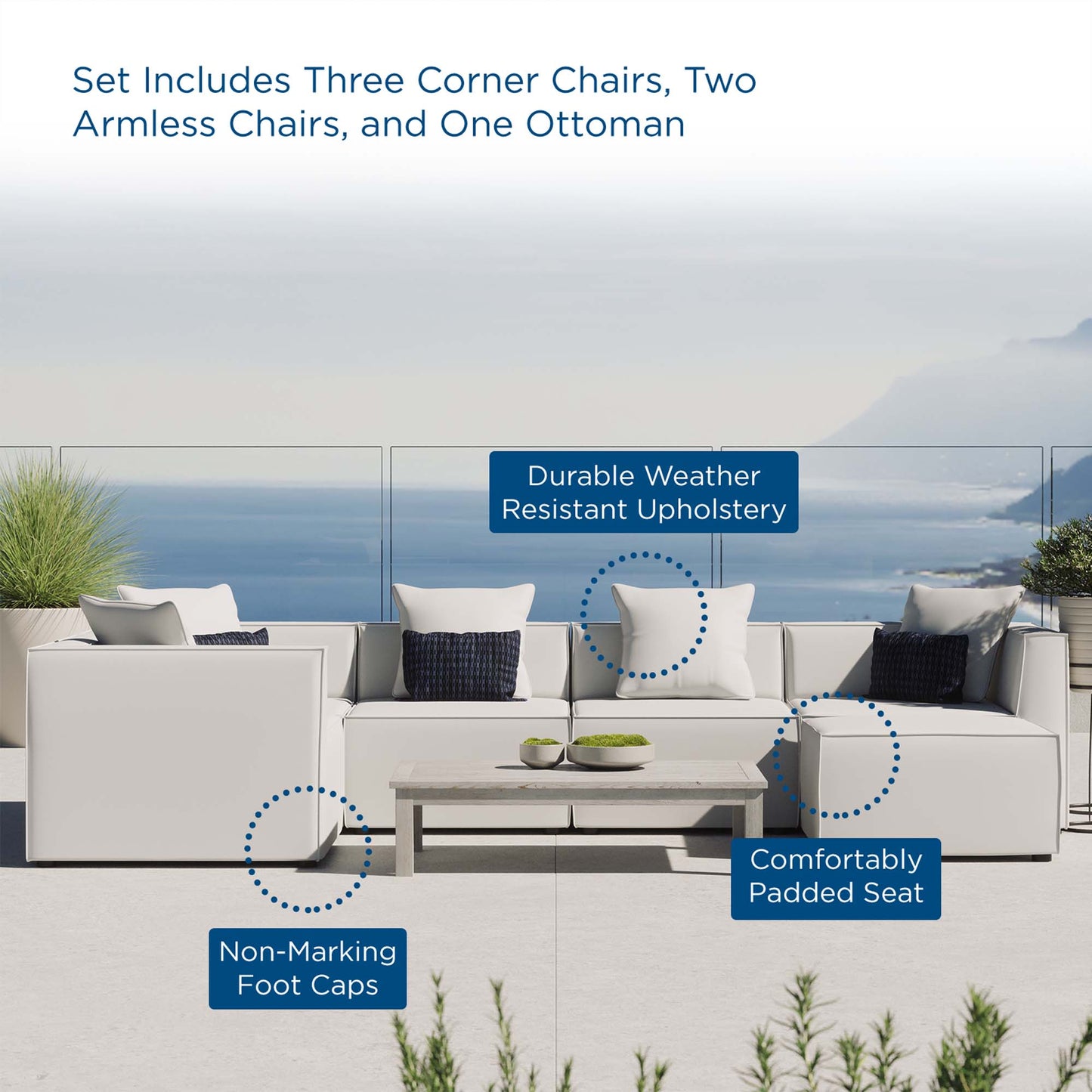 Saybrook 6-Piece Outdoor Patio Upholstered Sectional Sofa in White by Modway (4386)
