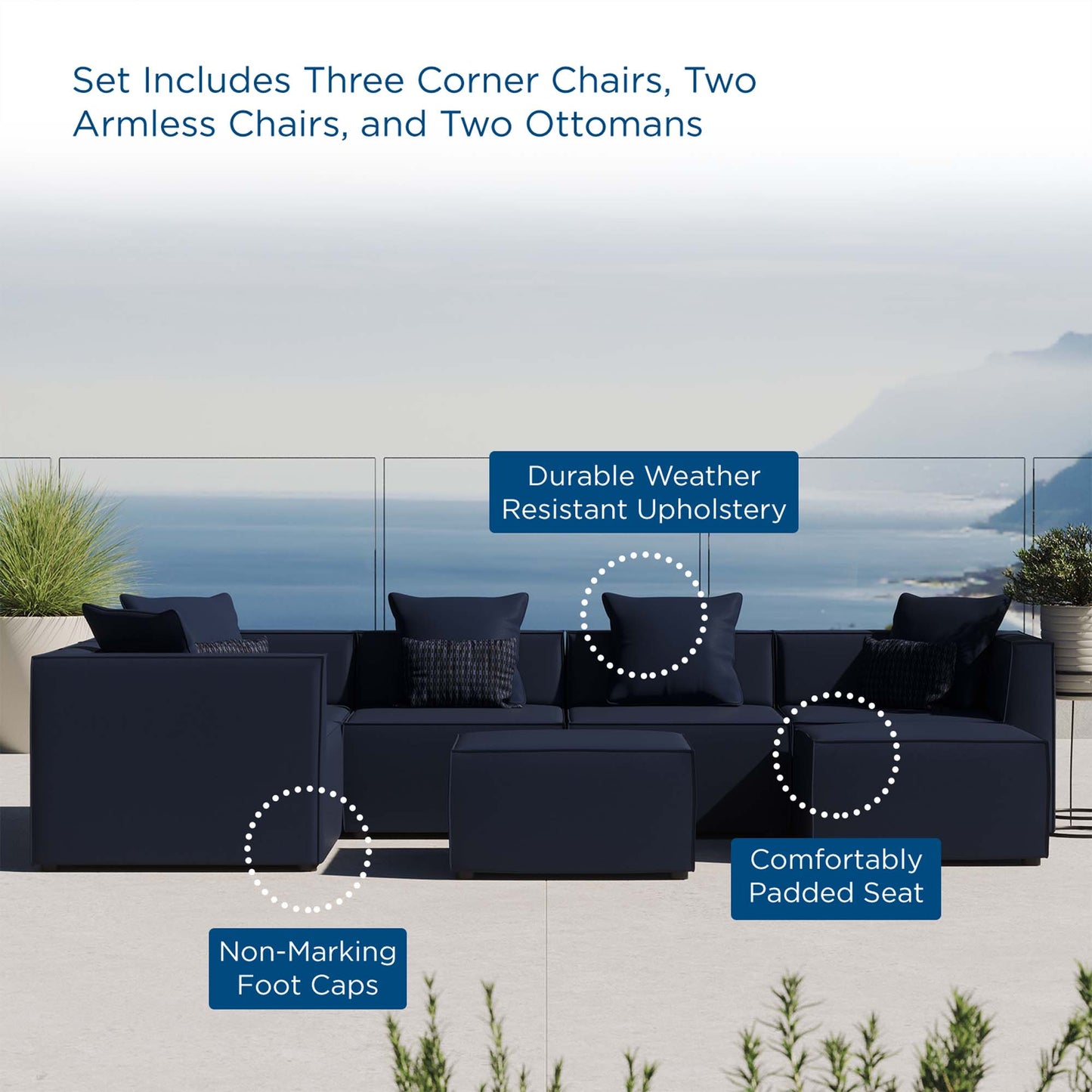 Saybrook 7-Piece Outdoor Patio Upholstered Sectional Sofa in Navy by Modway (4387)