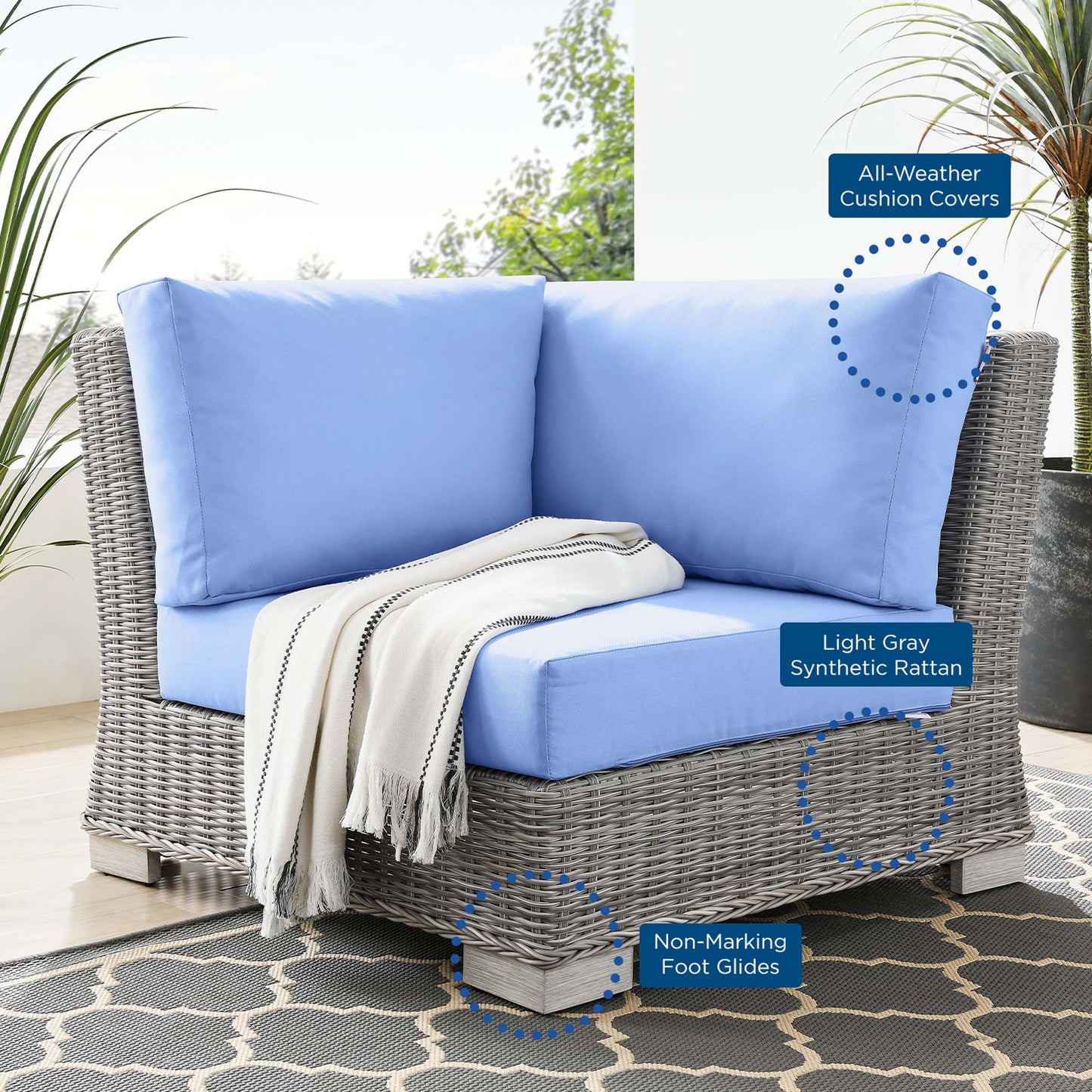 Conway Outdoor Patio Wicker Rattan Corner Chair in Light Gray Light Blue by Modway (4838)