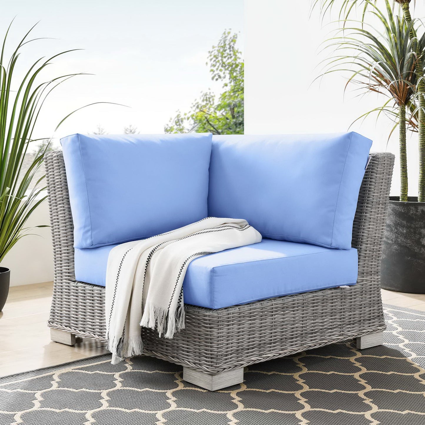 Conway Outdoor Patio Wicker Rattan Corner Chair in Light Gray Light Blue by Modway (4838)