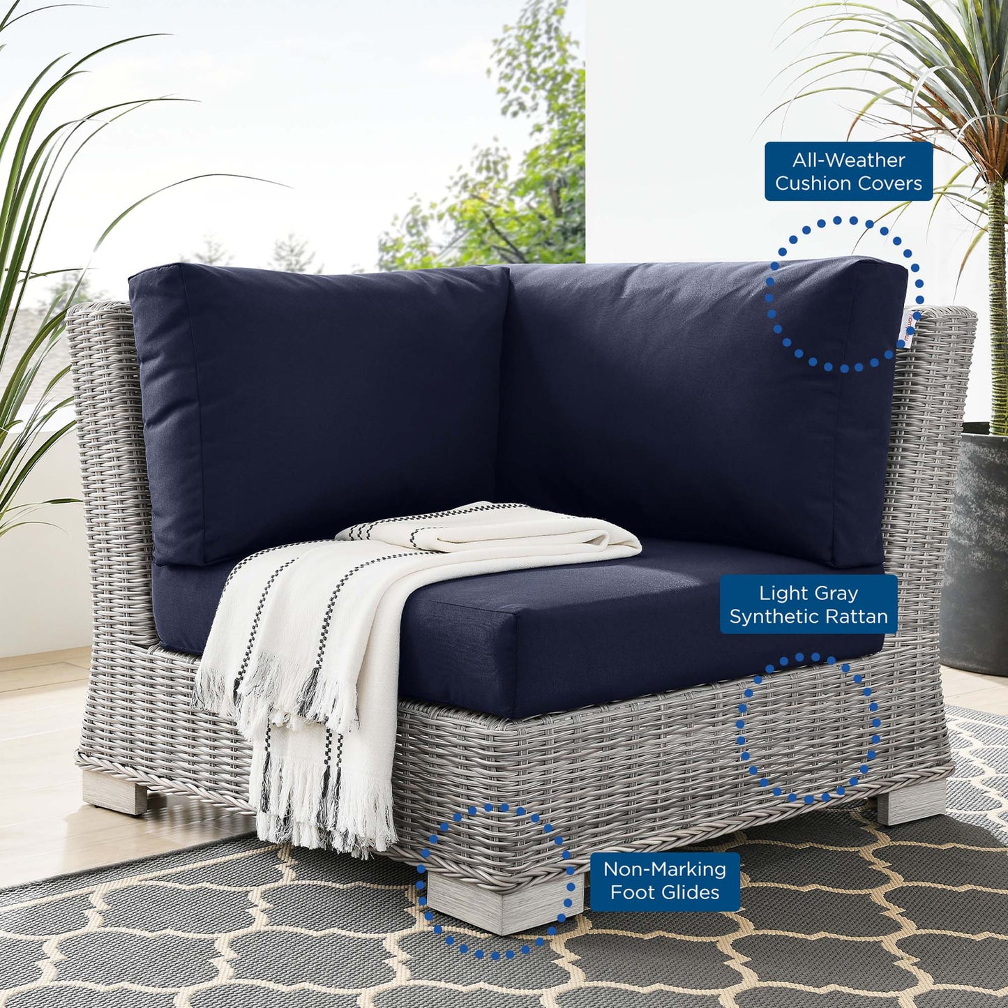 Conway Outdoor Patio Wicker Rattan Corner Chair in Light Gray Navy by Modway (4838)