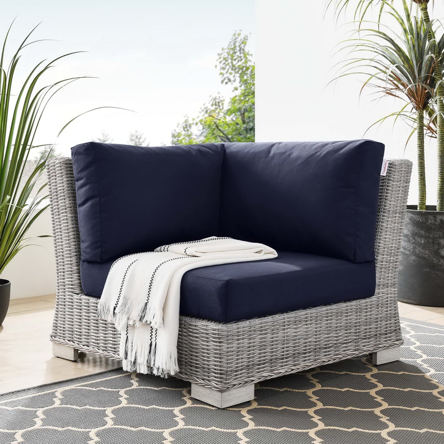 Conway Outdoor Patio Wicker Rattan Corner Chair in Light Gray Navy by Modway (4838)