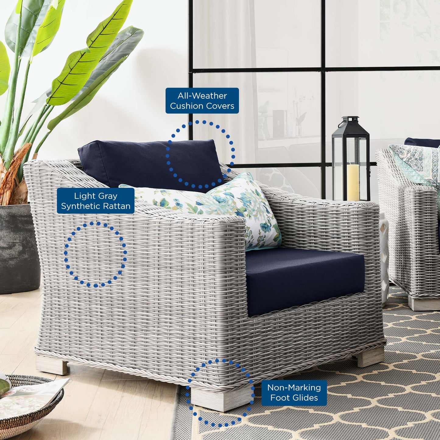 Conway Outdoor Patio Wicker Rattan Armchair in Light Gray Navy by Modway (4840)