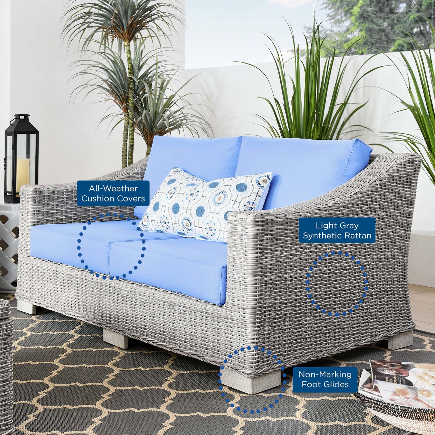 Conway Outdoor Patio Wicker Rattan Loveseat in Light Gray Light Blue by Modway (4841)