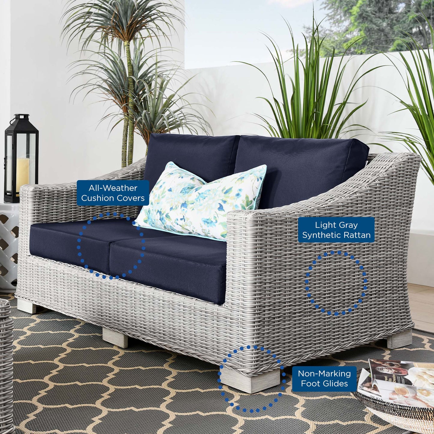 Conway Outdoor Patio Wicker Rattan Loveseat in Light Gray Navy by Modway (4841)