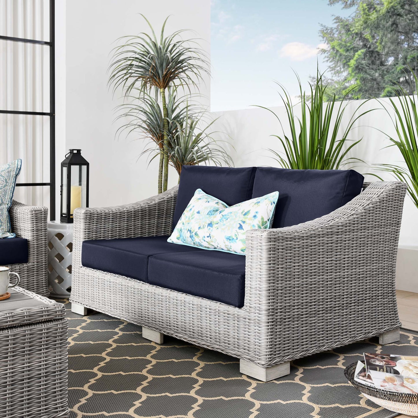 Conway Outdoor Patio Wicker Rattan Loveseat in Light Gray Navy by Modway (4841)