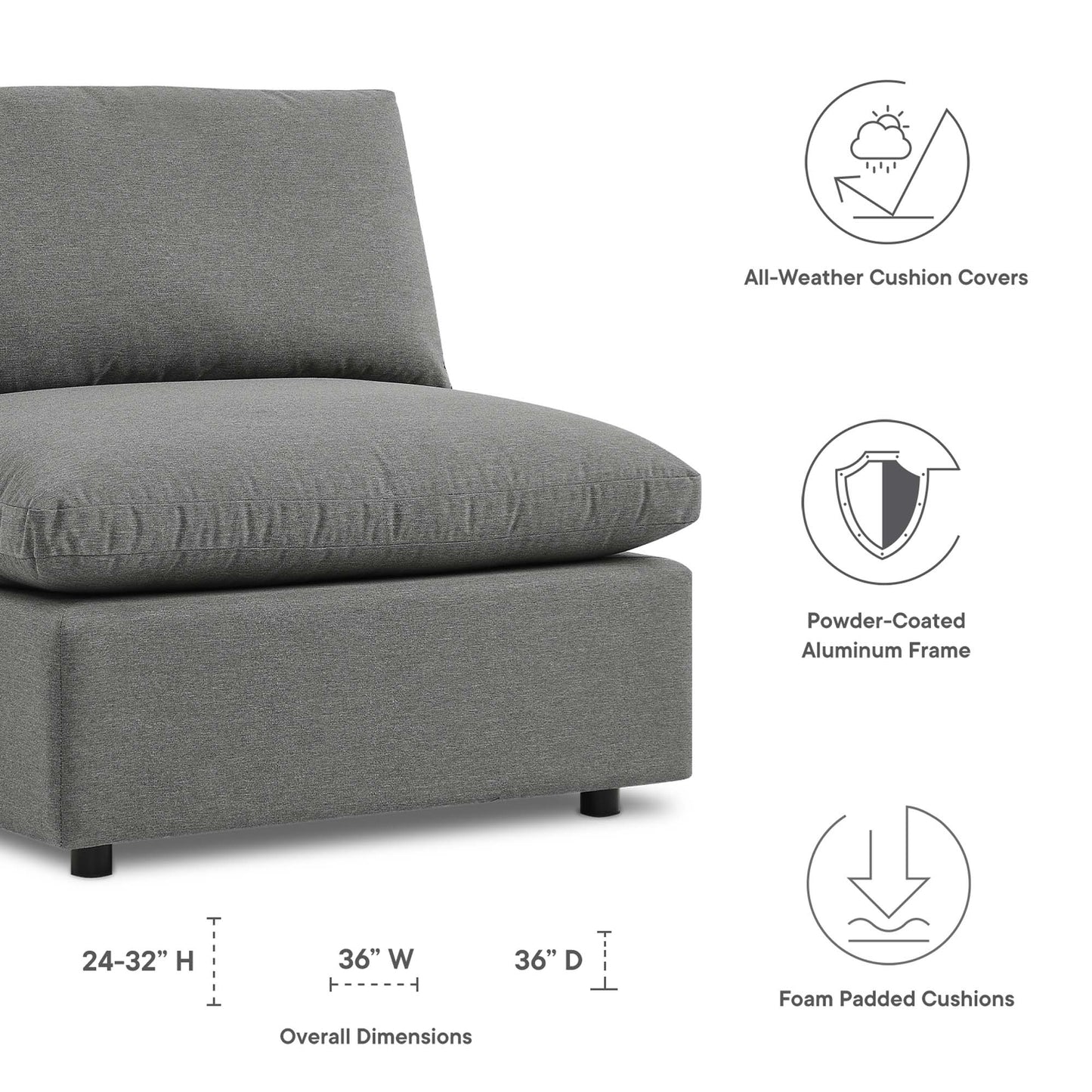 Commix Overstuffed Outdoor Patio Armless Chair in Charcoal by Modway (4902)