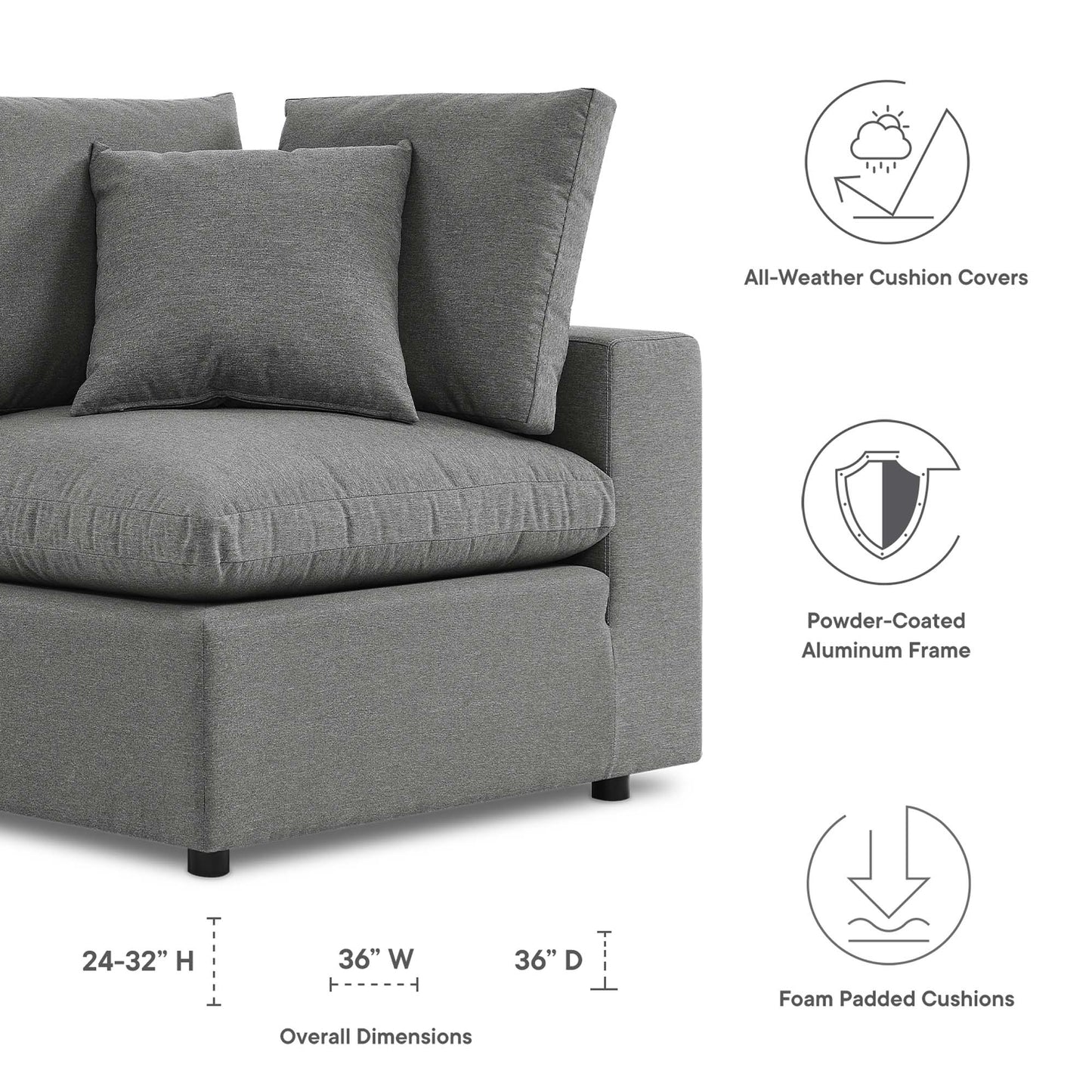 Commix Overstuffed Outdoor Patio Corner Chair in Charcoal by Modway (4904)