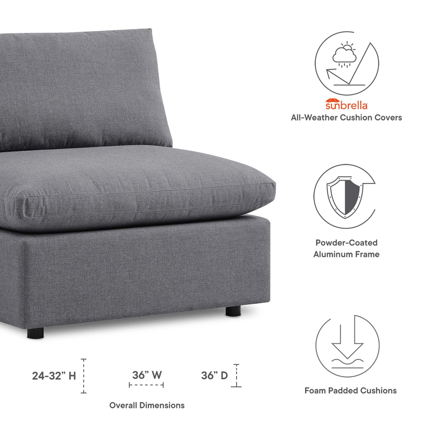 Commix Sunbrella Outdoor Patio Armless Chair in Gray by Modway (4905)