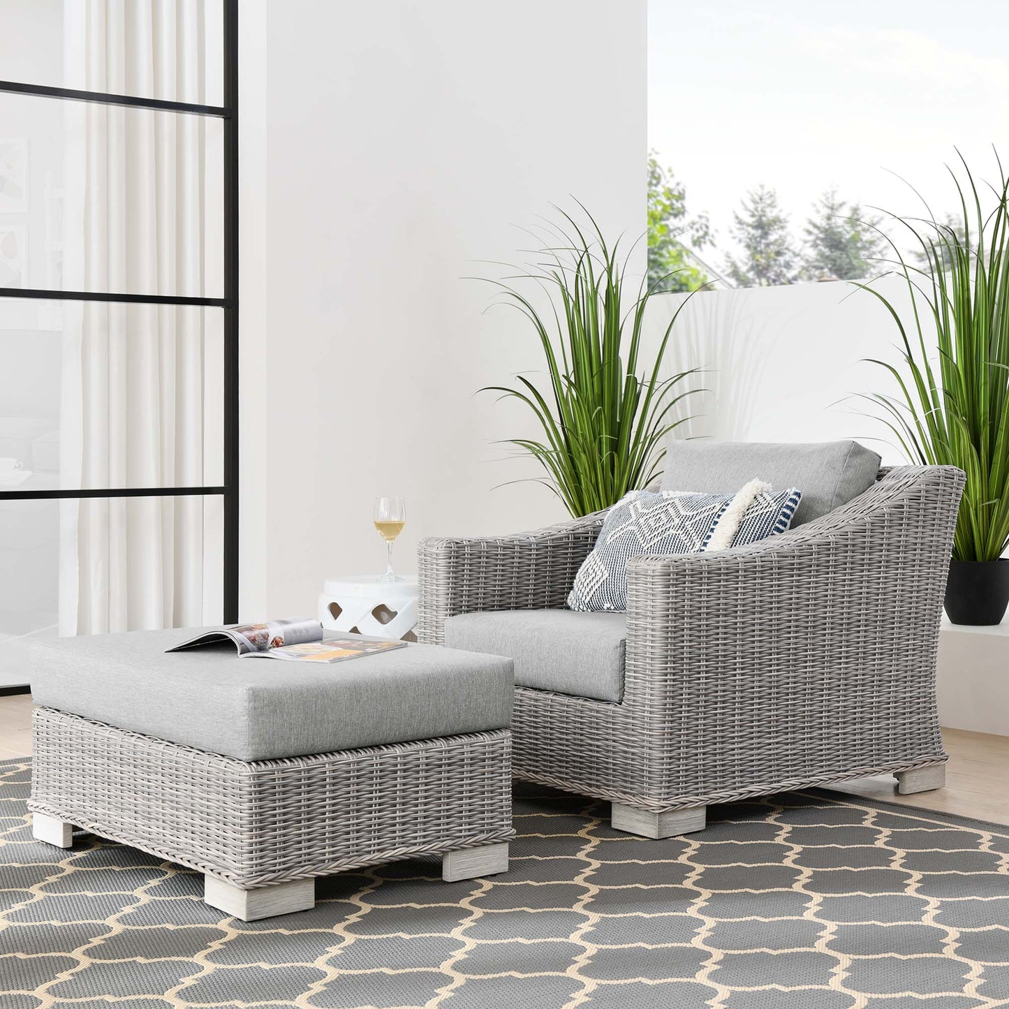 Conway 2-Piece Outdoor Patio Wicker Rattan Armchair and Ottoman Set in Light Gray Gray by Modway (5090)