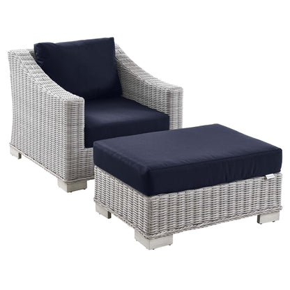 Conway 2-Piece Outdoor Patio Wicker Rattan Armchair and Ottoman Set in Light Gray Navy by Modway (5090)