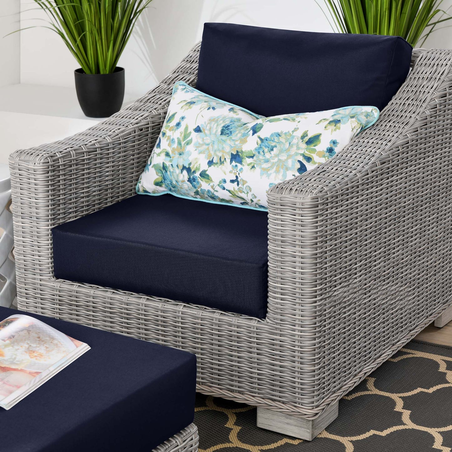 Conway 2-Piece Outdoor Patio Wicker Rattan Armchair and Ottoman Set in Light Gray Navy by Modway (5090)